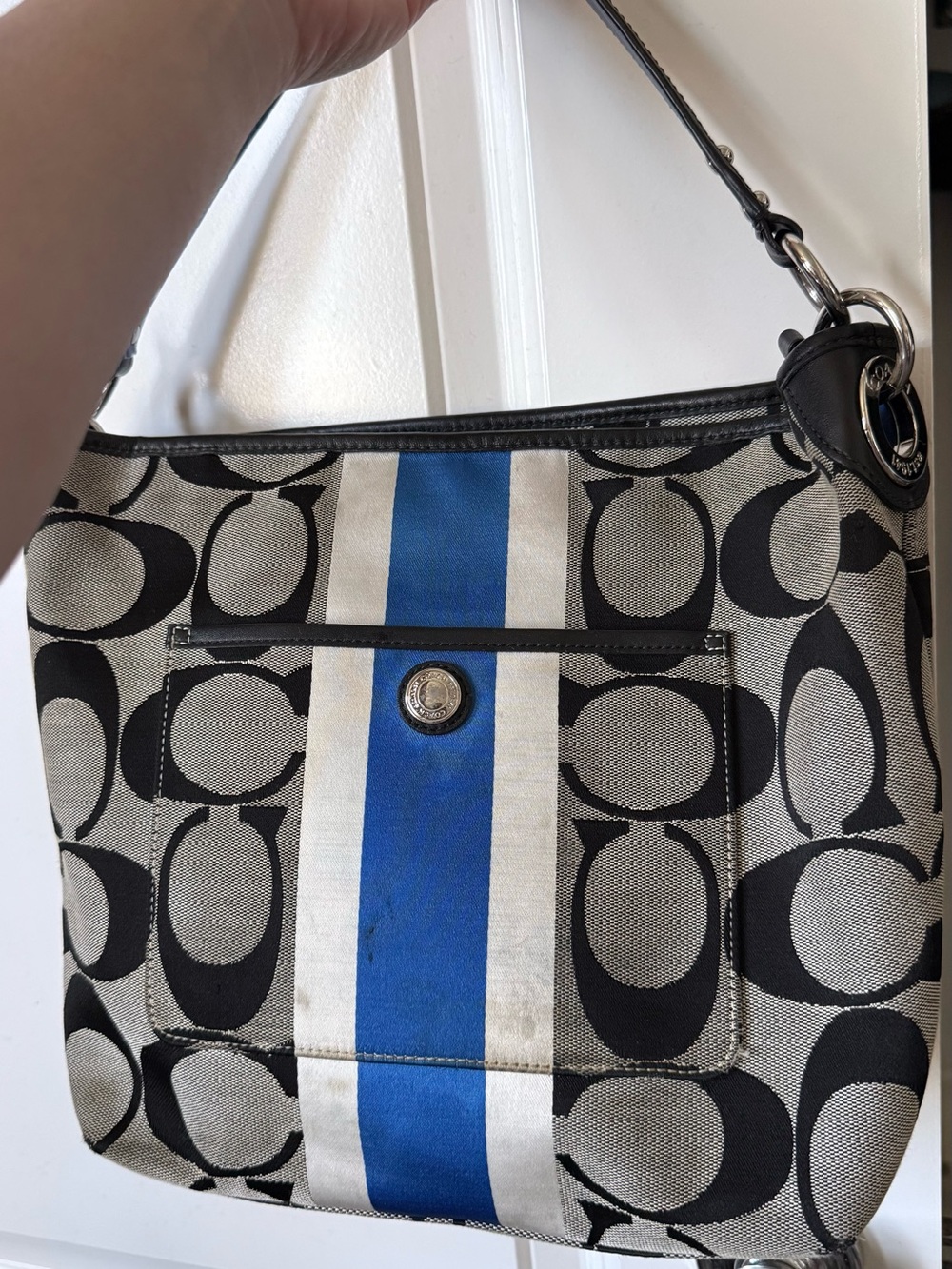 Coach Grey Monogram Shoulder Bag with Blue Stripe and Black Trim - Picture 2 of 12